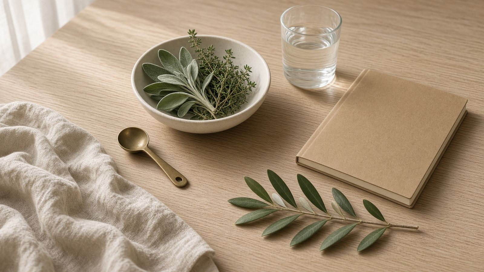 Nordic still life with herbs, linen, and a notebook on oak