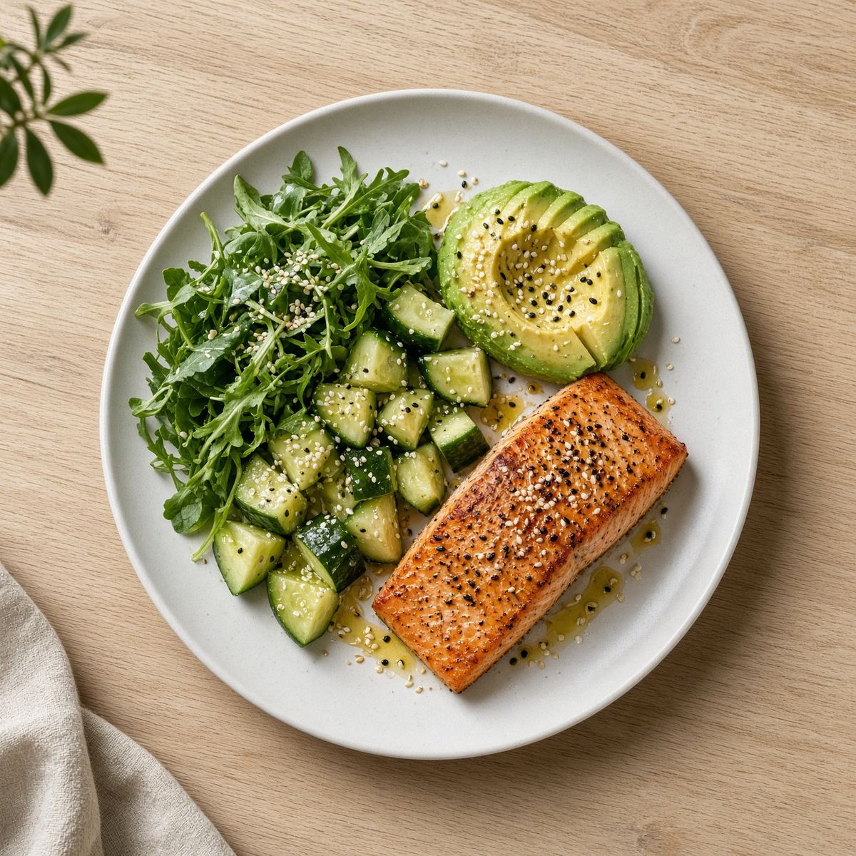 Salmon and greens plated for a logged meal