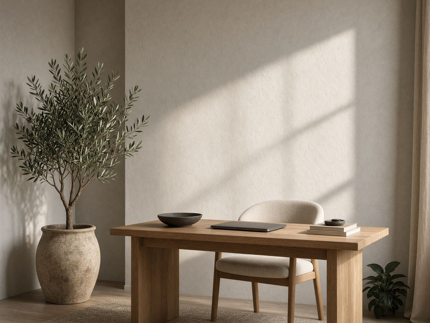 Quiet Copenhagen studio with morning light and an olive tree